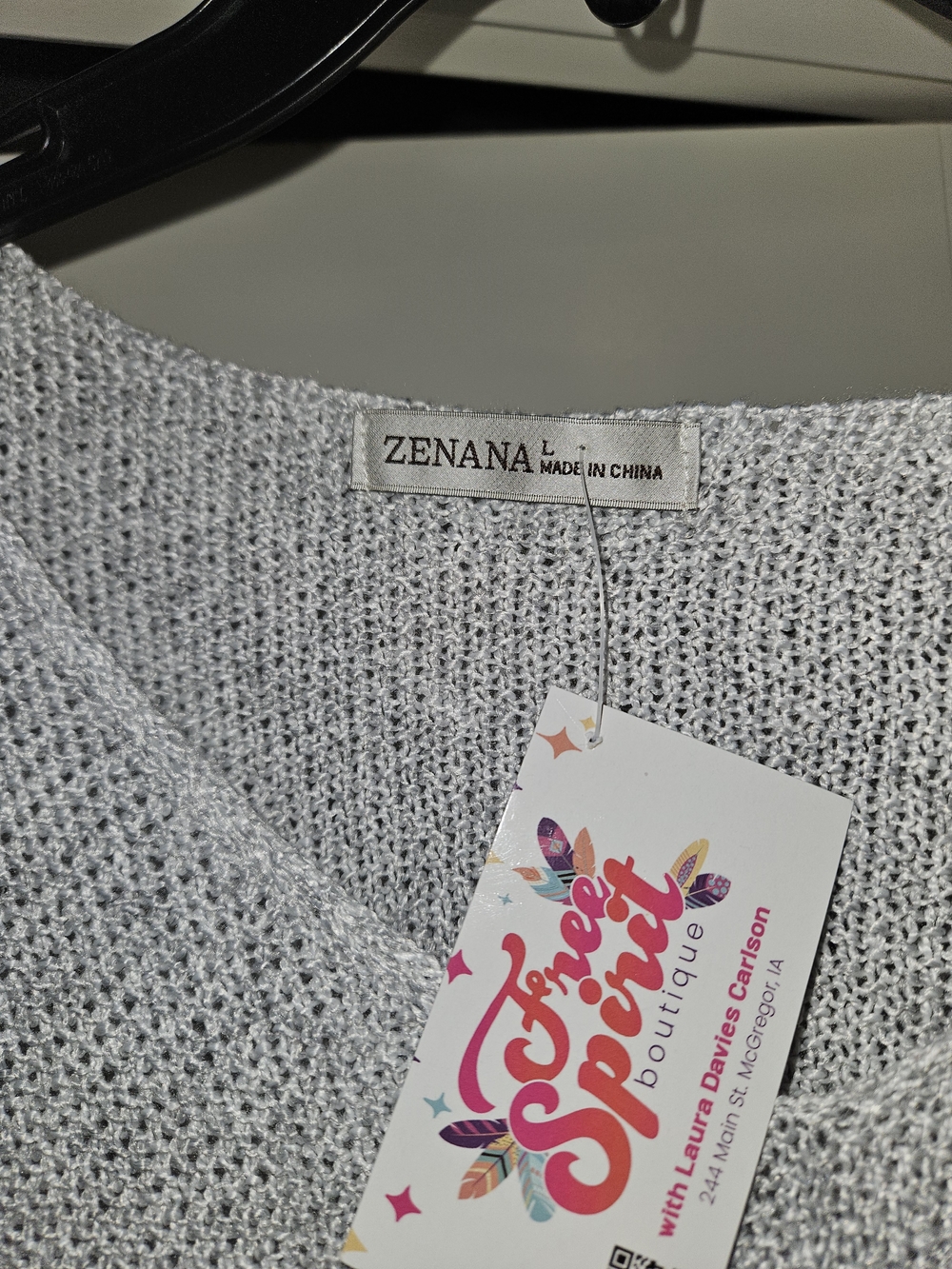 Zenana Outfitters Light Gray Open Weave Crewneck Sweater